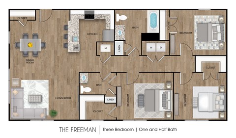 3 Bedroom 2.5 Bath Floor Plan at MLK Apartments, Hartford, 06106
